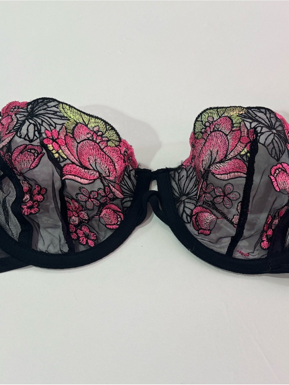 Adore Me Black Sheer Balconette Bra with Pink Floral Embroidery
